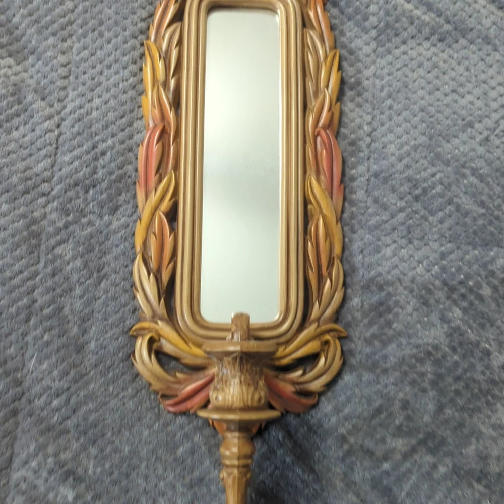 Vintage 1980 BURWOOD 2416 Homco Brown LEAF Mirror WALL SCONCE Candle Holder 23¾
